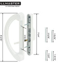Rock Solid Sliding Glass Door Handle Replacement Set Featuring Reversible Mortise Design and Smooth Nonkeyed Operation in Crisp White Diecast Finish showing dimensions and handle design.