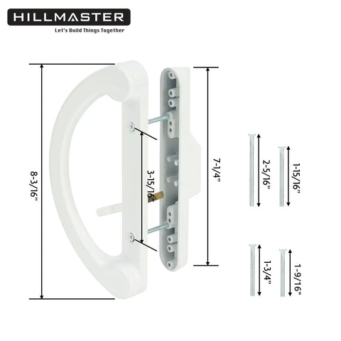 Rock Solid Sliding Glass Door Handle Replacement Set Featuring Reversible Mortise Design and Smooth Nonkeyed Operation in Crisp White Diecast Finish showing dimensions and handle design.