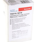 Box of T651A3018 Heat And Cool Thermostat For 120V To 277V Systems, Auto Switching, 50F To 90F Comfort Range, Easy Mount