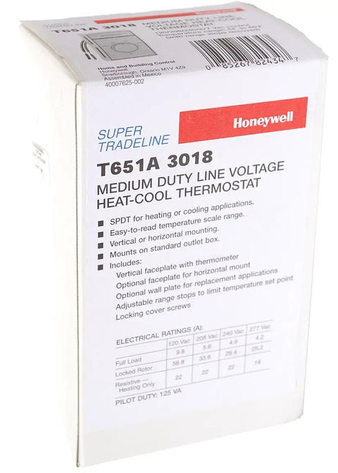 Box of T651A3018 Heat And Cool Thermostat For 120V To 277V Systems, Auto Switching, 50F To 90F Comfort Range, Easy Mount