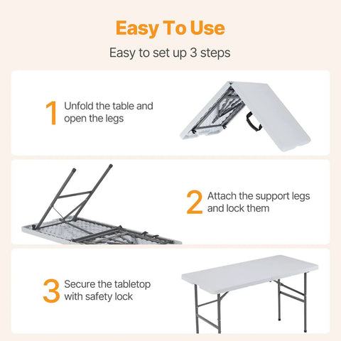 Instruction steps for setting up 4 Ft Folding Picnic Table Portable And Lightweight For Camping Picnics Beach Days Tailgating Dining