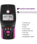 Straight Up Pro Grade Wall Scanner And Stud Finder With Bright Backlit Display showing control panel and function indicators.