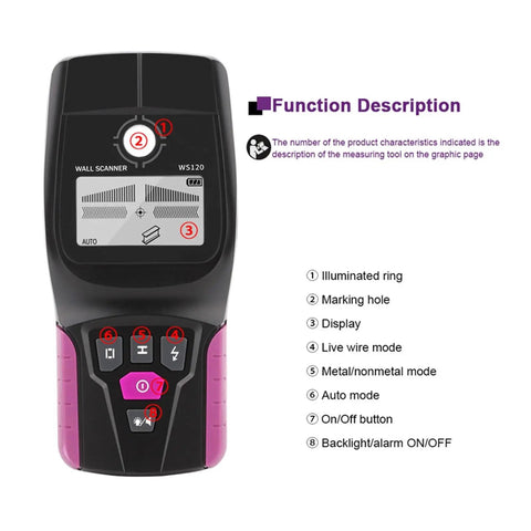 Straight Up Pro Grade Wall Scanner And Stud Finder With Bright Backlit Display showing control panel and function indicators.