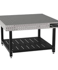 Heavy Duty Welding Fixture Table With Storage Shelf 60 By 60 By 36 Inches features a flat top and sturdy black legs.