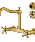 Commercial Wall Mounted Kitchen Faucet 8 Inch Center Mount With Double Cross Handles 360 Degree Rotatable Spout Antique Brass Finish