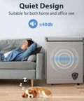 Woman relaxing on couch next to a Solid 3.5 Cu Ft Chest Freezer With Easy Dial And Slide Basket Energy Efficient Top Load Deep Freeze In Gray.
