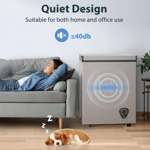 Woman relaxing on couch next to a Solid 3.5 Cu Ft Chest Freezer With Easy Dial And Slide Basket Energy Efficient Top Load Deep Freeze In Gray.