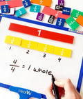 Plastic Rainbow Fraction Tiles Set of 51 for Fraction Mastery with hand writing fractions on board
