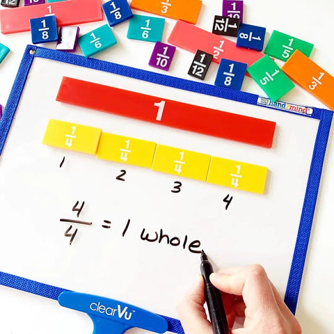 Plastic Rainbow Fraction Tiles Set of 51 for Fraction Mastery with hand writing fractions on board