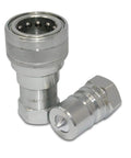 Front view of Summit Hydraulics 3/4in NPT ISO 7241-B quick-disconnect hydraulic couplers; two silver fittings