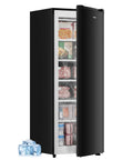 Premium Straight Up Slick 6.5 Cubic Foot Freestanding Upright Freezer For Tight Apartment Spaces showcasing black steel shell and adjustable shelves.