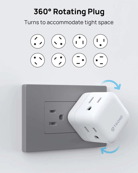 Heavy Duty Sideways Wall Outlet Extender With Three Power Sockets For Fast Charging Laptops Phones And Gadgets High Amp 1875W, 360° rotating plug for tight spaces.