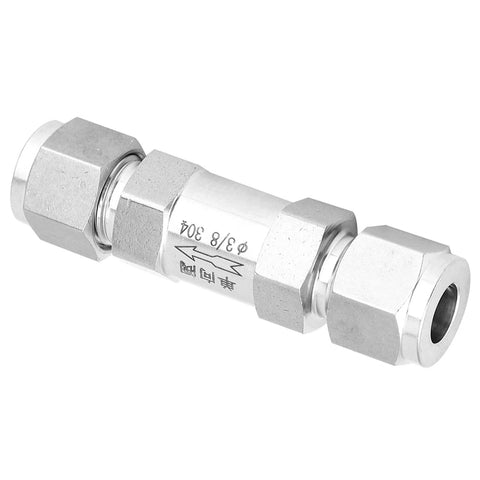 Side view of a stainless steel check valve with BSPP female-thread connections, 3/8 inch.