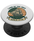 Patriotic US Flag Retro Sailboat PopGrip Adhesive Phone Grip For Independence Day And Everyday Americana Fans Land Of The Free Since 1776 Red White And Blue Pride Accessory, showing ship and flag design