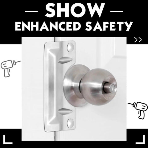 Heavy Hitter Stainless Steel Door Strike Guards Sleek Silver Two Pack with mounted door knob and strike plate on a door.
