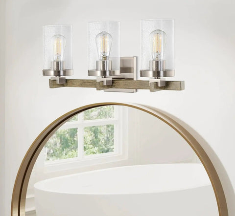 Farmhouse Vanity Light With Seeded Glass Cylinders, Three Light Fixture In Reclaimed Oak Wood And Brushed Nickel Finish