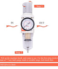 Front view of Pro Grade 1/4 Inch NPT Air Filter Regulator Combo Piggyback With 5 Micron Brass Element Poly Bowl and gauge