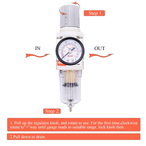 Front view of Pro Grade 1/4 Inch NPT Air Filter Regulator Combo Piggyback With 5 Micron Brass Element Poly Bowl and gauge