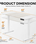 Zero Stress Oak Electric Standing Desk Featuring Four Memory Buttons Plus Child Lock Safety For Seamless One Button Height Adjustment In Your Everyday Home Office Setup dimensions showing 63" width and 30" depth.