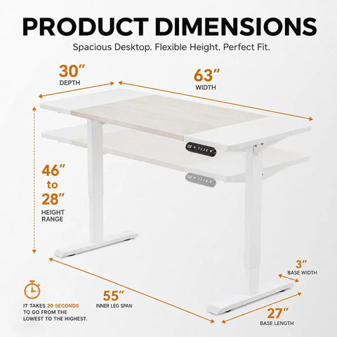 Zero Stress Oak Electric Standing Desk Featuring Four Memory Buttons Plus Child Lock Safety For Seamless One Button Height Adjustment In Your Everyday Home Office Setup dimensions showing 63" width and 30" depth.