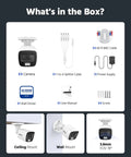 4 Pack 1080P HD TVI Wired Security Camera Kit contents with outdoor bullet cams, cables, power supply, and installation accessories.