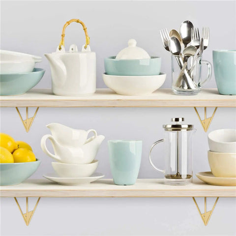 Legit Heavy Duty Wall Shelf Brackets Set Of Two, Built Different Metal Floating Shelf Supports, Knockout Right Angle Connectors For Diy Storage And Cozy Nooks, Super Easy Install White Finish displaying kitchenware on two shelves.