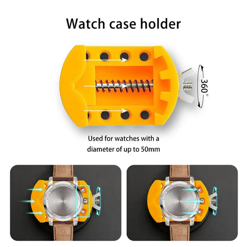 DIY Watch Battery Replacement Tool Kit With Back Opener Case Holder Spring Bar Tweezers And Pro Grade Repair Tools in use