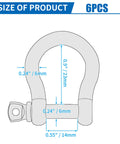 Diagram of Six Pack 6mm Screw Pin Anchor Shackles Quarter Inch Heavy Duty 304 Stainless Steel with size measurements.