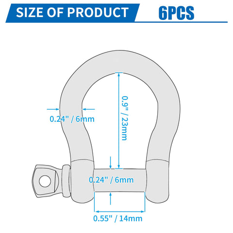 Diagram of Six Pack 6mm Screw Pin Anchor Shackles Quarter Inch Heavy Duty 304 Stainless Steel with size measurements.
