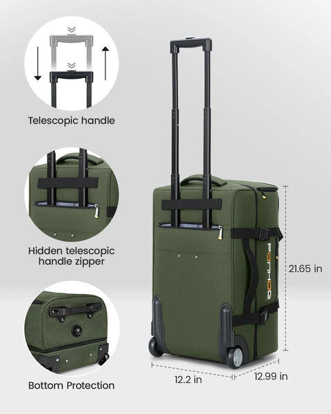 Ponhog 21-inch green rolling duffle bag with wheels and telescopic handle; includes bottom protection.