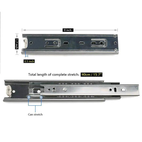 Heavy Duty Eight Inch Ball Bearing Drawer Slides Full Extension Slick Three Section Tracks Cold Rolled Steel dimensions 8 inch and 0.5 inch thick
