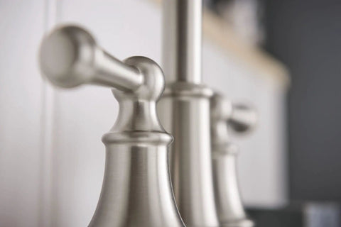 Close-up of Brecklyn Spot Resist Brushed Nickel Two-Handle Centerset Lavatory Faucet For 3-Hole Bathroom Sink 4-Inch Centerset Design With Aerated Water Stream No-Fuss Easy Install Fingerprint-Resistant Finish