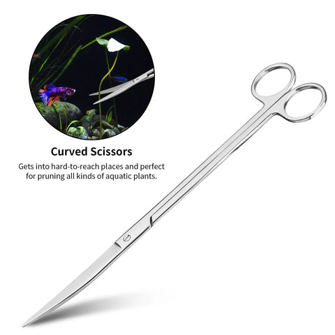 Stainless steel curved scissors from 4 Piece Aquascaping Tool Kit For Aquariums With Long Reach Tweezers Scissors Scraper And Substrate Spatula Set