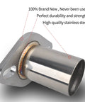 T304 Stainless Steel Exhaust Flange Bolt Kit With Drop In Quick Fix Pipe And Badass Gasket Universal Fit For Street Rods Muscle Cars And Custom Rigs Slick Garage Swap close-up of shiny stainless steel pipe fitting.