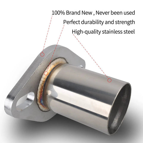 T304 Stainless Steel Exhaust Flange Bolt Kit With Drop In Quick Fix Pipe And Badass Gasket Universal Fit For Street Rods Muscle Cars And Custom Rigs Slick Garage Swap close-up of shiny stainless steel pipe fitting.