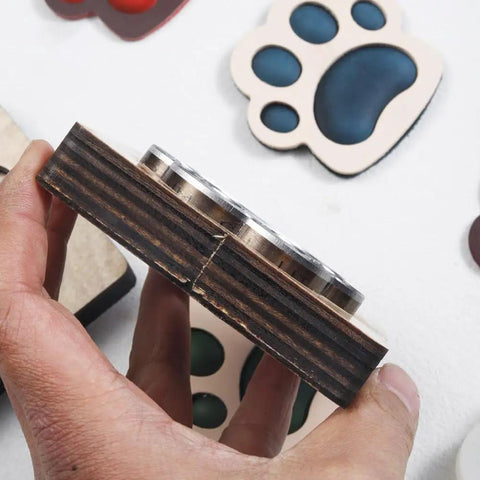 Side view of 4 Piece Leather Cutting Die Set For DIY Crafts, Dog Paw And Keychain Shapes, Japanese Steel With Wooden Frame