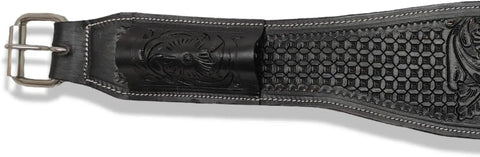 Top Shelf Full Grain Leather Back Cinch Strap For Western Horse Saddle featuring hand carved floral tooling and double stitched seams.