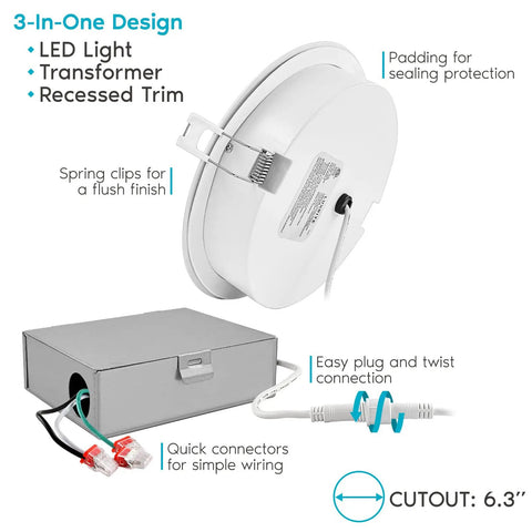 6 Inch Gimbal LED Recessed Downlights For Easy Install, 5 Color Temperature Options, showing transformer and connectors.