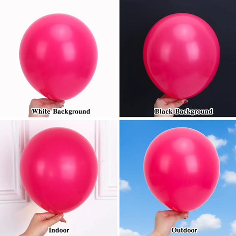 Hot Pink Balloons 154pc Set In 18, 12, 10, And 5 Inch Latex For A Lit Balloon Arch Kit And Garland, magenta balloons in various settings