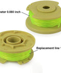 Replacement Trimmer Spool Set 11 Ft Of 0.080 Inch Line For Ryobi One Plus 18V 24V And 40V Cordless Trimmers Auto Feed Twist Single Line Refills Six Spools And One Cap AC80RL3 showing two spools with green trimmer line.