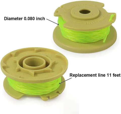 Replacement Trimmer Spool Set 11 Ft Of 0.080 Inch Line For Ryobi One Plus 18V 24V And 40V Cordless Trimmers Auto Feed Twist Single Line Refills Six Spools And One Cap AC80RL3 showing two spools with green trimmer line.