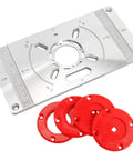 Heavy Duty Aluminum Router Table Insert Plate Kit Accompanied By Four Vivid Red Swap Rings And Sixteen Secure Mounting Bolts To Nail Every Woodworking Move And Keep Your Shop Rolling Smoothly, featuring a rustproof aluminum plate and four red rings.