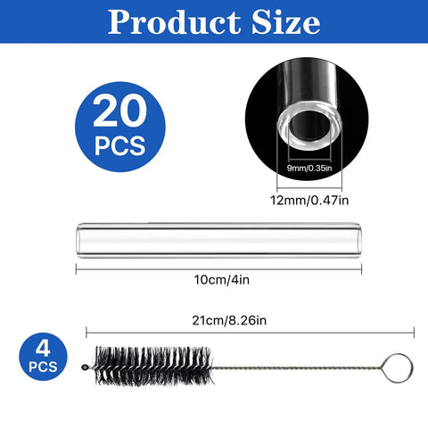 Diagram showing dimensions of Twenty Pcs Four Inch Borosilicate Glass Blowing Tubes Clear Glass For Blowing Lampworking Crafting With Four Cleaning Brushes Twelve Millimeter Outer Diameter Two Millimeter Wall Thickness Great For DIY Glass Art And Lab Experiments with cleaning brushes