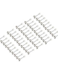 50 Pack Straight Up Heavy Duty 15X12MM Cam Fitting Dowel Kit With Preinserted Nut Joint Connector For Furniture Side Panel Hardware In Premium Silver Tone with metal dowels stacked in rows.
