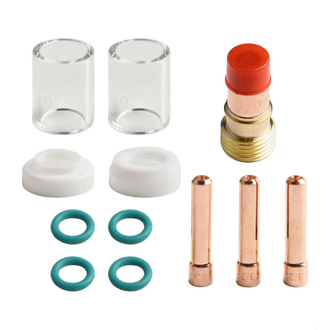 Upgrade Your Tig Welding Game With This Sweet 12 Piece Torch Accessory Kit Featuring Gas Lens And Glass Cup For Cleaner Arcs And Precise Control On Pipes And Tight Spots Without Any Turbulence Or Mess: 12 piece TIG torch kit parts including glass cups, o-rings, and collets.