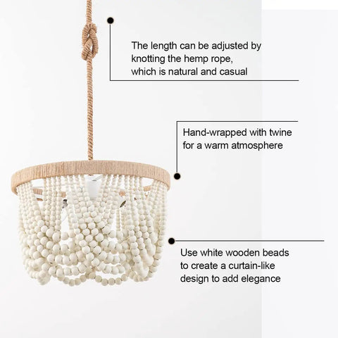 Bohemian Wood Beaded Pendant Light With White Finish Rustic Three Light Mini Chandelier With Hand Rope Knot Detail