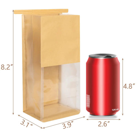 Tin Tie Bakery Bags With Window, 50 Pack Resealable Cookie Bags 8.2x3.9x3.1 Inch next to a 12 oz soda can for size comparison.