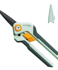 Garden Pruning Scissors For Precise Cuts With Sharp Stainless Steel Blade And Nonstick Teflon Coating, angled view with sheath