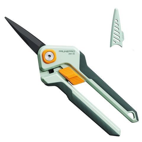 Garden Pruning Scissors For Precise Cuts With Sharp Stainless Steel Blade And Nonstick Teflon Coating, angled view with sheath