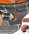 Badass 38mm Tire Buffer Wheel For Auto Grinder Tool With Coarse Grit Tungsten Alloy Grinding Head And Patch Roller attached to a tire.